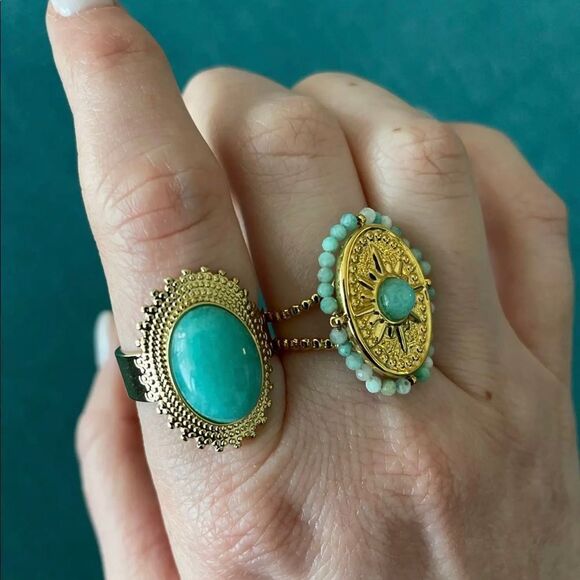 Gorgeous Bohemian Boho Blue Stone 18K Gold Ring Open Ring - Picture 2 of 7